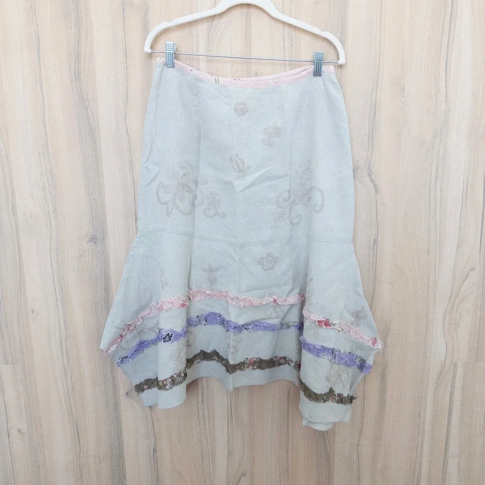 J. Jill Linen Floral Midi Skirt 12 Beige Embroidered Silk Ruffle Cottage Fairy